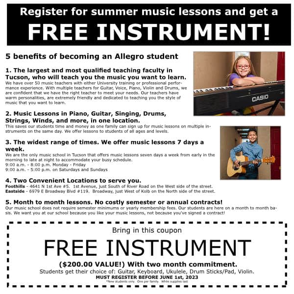 Allegro School of Music Lessons Summer Tucson | Music Camps in Tucson - Summer 2023